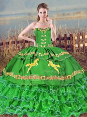 Green Lace Up Quinceanera Dress Embroidery and Ruffled Layers Sleeveless Brush Train