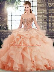 Luxury Peach Lace Up Quince Ball Gowns Beading and Ruffles Sleeveless Brush Train