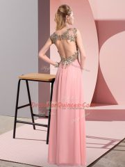 Pink Chiffon Backless Quinceanera Court Dresses Sleeveless Floor Length Beading and Appliques