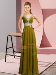 Latest Olive Green Chiffon Lace Up V-neck Sleeveless Floor Length Prom Gown Beading