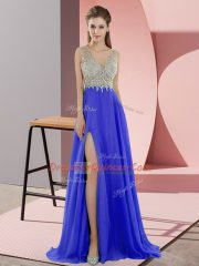 New Style Blue Chiffon Zipper Dress for Prom Sleeveless Sweep Train Beading