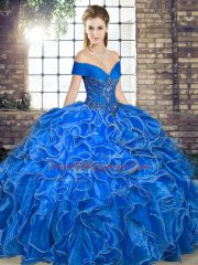 Off The Shoulder Sleeveless 15 Quinceanera Dress Floor Length Beading and Ruffles Royal Blue Organza