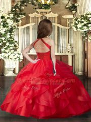 Charming Coral Red Lace Up Little Girls Pageant Dress Wholesale Ruffles and Ruching Sleeveless Floor Length