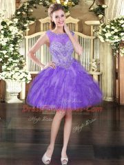 Glittering Mini Length Lavender Evening Dress Tulle Sleeveless Beading and Ruffles
