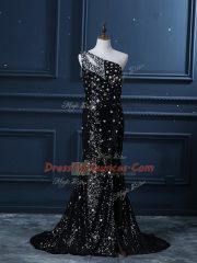 Trendy Backless Dress for Prom Black for Prom and Party and Military Ball with Beading Brush Train