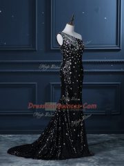 Trendy Backless Dress for Prom Black for Prom and Party and Military Ball with Beading Brush Train
