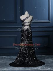 Trendy Backless Dress for Prom Black for Prom and Party and Military Ball with Beading Brush Train