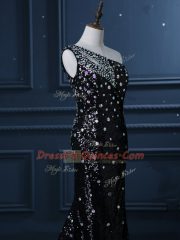 Trendy Backless Dress for Prom Black for Prom and Party and Military Ball with Beading Brush Train