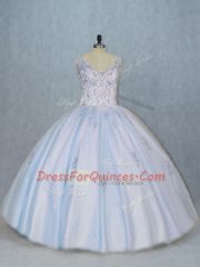 Vintage Floor Length Blue Quinceanera Gowns V-neck Sleeveless Side Zipper