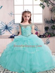 Adorable Sleeveless Tulle Floor Length Lace Up Little Girl Pageant Dress in Aqua Blue with Beading
