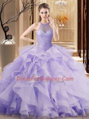 Chic Halter Top Sleeveless Sweep Train Lace Up Quinceanera Gowns Lavender Organza