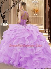 Chic Halter Top Sleeveless Sweep Train Lace Up Quinceanera Gowns Lavender Organza
