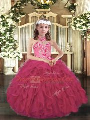 Nice Hot Pink Ball Gowns Organza Halter Top Sleeveless Appliques and Ruffles Floor Length Lace Up Little Girls Pageant Dress Wholesale