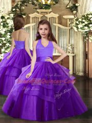 Custom Designed Halter Top Sleeveless Lace Up Ball Gown Prom Dress Purple Tulle