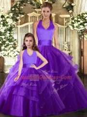 Custom Designed Halter Top Sleeveless Lace Up Ball Gown Prom Dress Purple Tulle