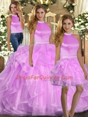Attractive Floor Length Lilac 15th Birthday Dress Halter Top Sleeveless Lace Up
