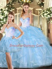 Blue Sleeveless Floor Length Beading and Ruffles Lace Up Quinceanera Gowns