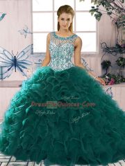 Scoop Sleeveless Lace Up Vestidos de Quinceanera Peacock Green Organza