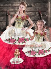Artistic Pink And White Ball Gowns Organza Off The Shoulder Sleeveless Embroidery and Ruffles Floor Length Lace Up 15 Quinceanera Dress