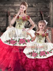 Artistic Pink And White Ball Gowns Organza Off The Shoulder Sleeveless Embroidery and Ruffles Floor Length Lace Up 15 Quinceanera Dress