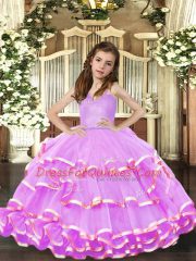 Floor Length Lavender Girls Pageant Dresses Organza Sleeveless Ruffled Layers