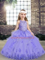Stunning Scoop Sleeveless Girls Pageant Dresses Floor Length Beading and Appliques Lavender Tulle