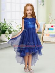Sleeveless Organza High Low Zipper Flower Girl Dresses in Royal Blue with Sequins and Bowknot