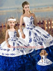 Noble Sweetheart Sleeveless Quinceanera Dresses Floor Length Embroidery and Ruffles Blue And White Organza