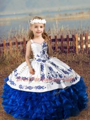 Noble Sweetheart Sleeveless Quinceanera Dresses Floor Length Embroidery and Ruffles Blue And White Organza
