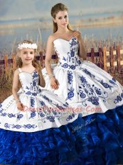 Noble Sweetheart Sleeveless Quinceanera Dresses Floor Length Embroidery and Ruffles Blue And White Organza