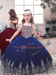 Customized Royal Blue Ball Gowns Scoop Sleeveless Tulle Floor Length Lace Up Beading and Appliques Quinceanera Gowns