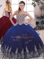 Customized Royal Blue Ball Gowns Scoop Sleeveless Tulle Floor Length Lace Up Beading and Appliques Quinceanera Gowns