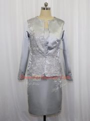 Most Popular Mini Length Grey Evening Dress Satin Sleeveless Lace and Appliques