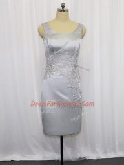 Most Popular Mini Length Grey Evening Dress Satin Sleeveless Lace and Appliques