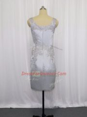 Most Popular Mini Length Grey Evening Dress Satin Sleeveless Lace and Appliques