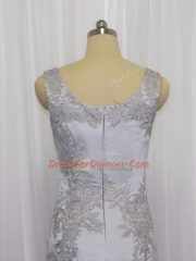Most Popular Mini Length Grey Evening Dress Satin Sleeveless Lace and Appliques