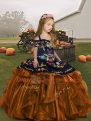 Brown Ball Gowns Organza Straps Sleeveless Embroidery and Ruffles Floor Length Lace Up Little Girl Pageant Gowns