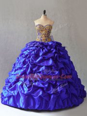Sleeveless Taffeta Brush Train Lace Up Ball Gown Prom Dress in Royal Blue with Beading and Pick Ups