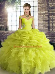 Yellow Green Ball Gowns Organza Off The Shoulder Sleeveless Beading and Ruffles and Pick Ups Floor Length Lace Up Sweet 16 Dresses