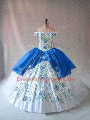 Suitable Blue And White Organza Lace Up Quinceanera Gowns Sleeveless Floor Length Embroidery and Ruffles