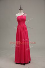 Most Popular Sleeveless Chiffon and Fabric With Rolling Flowers Floor Length Zipper Dress for Prom in Hot Pink with Beading and Ruching
