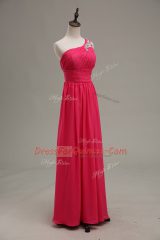 Most Popular Sleeveless Chiffon and Fabric With Rolling Flowers Floor Length Zipper Dress for Prom in Hot Pink with Beading and Ruching