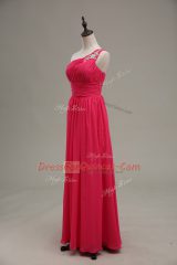 Most Popular Sleeveless Chiffon and Fabric With Rolling Flowers Floor Length Zipper Dress for Prom in Hot Pink with Beading and Ruching
