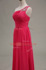 Most Popular Sleeveless Chiffon and Fabric With Rolling Flowers Floor Length Zipper Dress for Prom in Hot Pink with Beading and Ruching