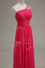Most Popular Sleeveless Chiffon and Fabric With Rolling Flowers Floor Length Zipper Dress for Prom in Hot Pink with Beading and Ruching