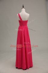 Most Popular Sleeveless Chiffon and Fabric With Rolling Flowers Floor Length Zipper Dress for Prom in Hot Pink with Beading and Ruching