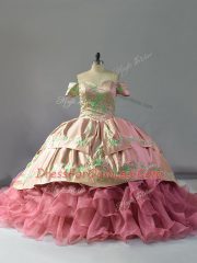 Pink Ball Gowns Off The Shoulder Sleeveless Organza Floor Length Chapel Train Lace Up Embroidery and Ruffles Quinceanera Dress