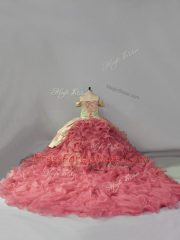 Pink Ball Gowns Off The Shoulder Sleeveless Organza Floor Length Chapel Train Lace Up Embroidery and Ruffles Quinceanera Dress