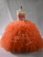 Sweetheart Sleeveless Tulle Quince Ball Gowns Beading and Ruffles Lace Up
