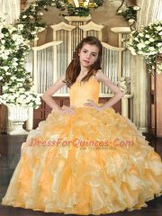 Customized Floor Length Ball Gowns Sleeveless Gold Little Girls Pageant Gowns Lace Up